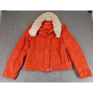 Vintage Juicy Couture Womens L Y2K Coat Orange Faux Fur Hood Jacket Parka READ